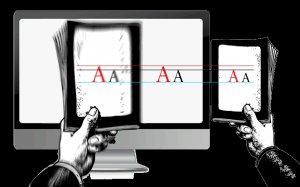 Comparing the type on the two books to a computer monitor, which is also further away