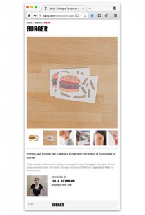 Screenshot from Tattly’s responsive ecommerce site, showing how the product information shifts from two columns to one on narrower viewports.