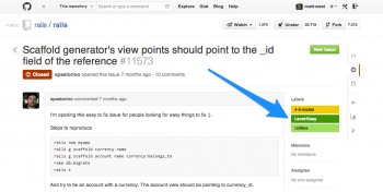 Some projects tag issues that are ideal for newcomers, as shown here with the Rails project.